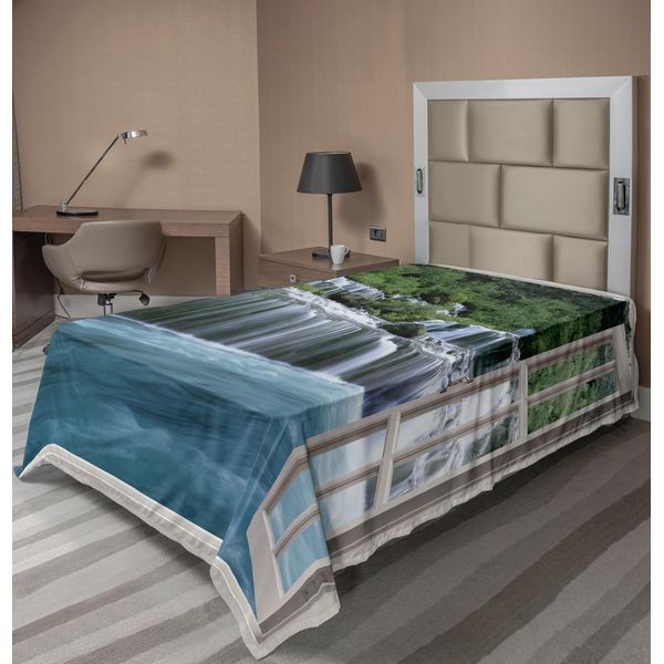 Abakuhaus Lenzuolo Con Stampa Cascata, Paesaggio Maestoso Con Cascata Attraverso Una Finestra, Paradiso Segreto Immaginario, Lenzuolo Morbido E Confortevole Per Un Letto Decorativo, 1 Pezzo, 260 Cm X 168 Cm, Blu Verde-image