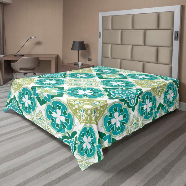 Abakuhaus Lenzuolo Marocchino, Motivo Geometrico Diagonale Con Triangoli Color Mattone, Lenzuolo Morbido E Confortevole Per Un Letto Decorativo, 1 Pezzo 260 Cm X 228 Cm, Verde Acqua Bianco-image