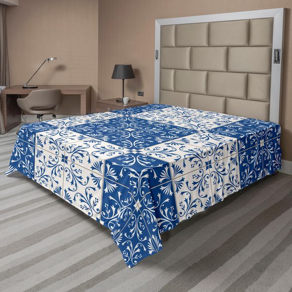 Abakuhaus Lenzuolo Marocchino, Mosaico Turco-Portoghese, Motivo Ceramico, Stile Country, Immagine Vintage, Lenzuolo Morbido E Confortevole Per Un Letto Decorativo, 1 Pezzo, 275 Cm X 260 Cm, Blu Navy E Bianco.-image