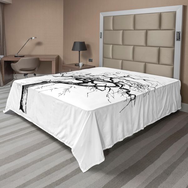 Abakuhaus Lenzuolo Con Illustrazione Di Un Albero Autunnale Con Stampa Naturale Mistica E Drammatica, Lenzuolo Morbido E Confortevole Per Un Letto Decorativo 1 Pezzo 260 Cm X 228 Cm, Bianco Nero-image