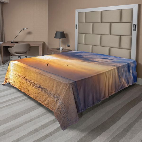 Abakuhaus Lenzuolo Con Uccelli, Alba Sul Mare E Uccelli All'orizzonte Natura, Morbido E Confortevole Lenzuolo Superiore Per Un Letto Decorativo 1 Pezzo 266 Cm X 260 Cm, Blu E Arancione-image