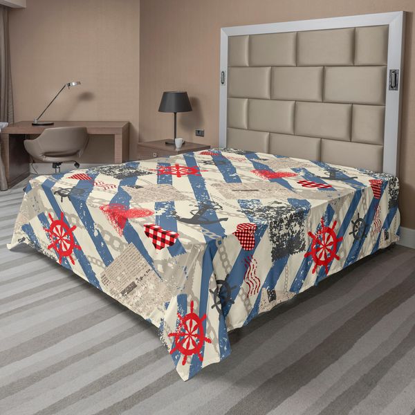 Abakuhaus Lenzuolo Nautico, Grafica Marina Forme Diagonali E Strisce Marine, Morbido E Confortevole Lenzuolo Superiore Per Un Letto Decorativo 1 Pezzo 244 Cm X 205 Cm, Beige Rosso Blu-image