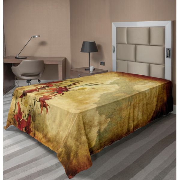 Abakuhaus Lenzuolo Arancione Bruciato, Doppia Esposizione R Sfondo Shaggy Retrò Consumato Con Disegno Di Fiori E Nuvole, Lenzuolo Morbido E Confortevole Per Un Letto Decorativo 1 Pezzo 190 Cm X 100 Cm, Arancione Chiaro-image
