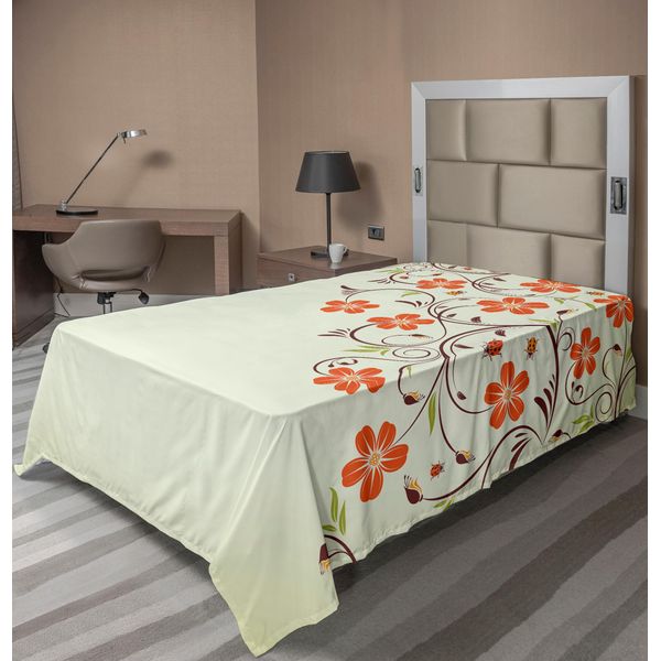Abakuhaus Lenzuolo Con Coccinelle, Cornice Floreale Con Piccole Coccinelle E Motivo Primaverile A Spirale, Lenzuolo Morbido E Confortevole Per Un Letto Decorativo 1 Pezzo 260 Cm X 168 Cm, Verde Pallido Rosso-image