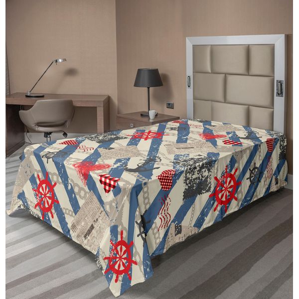 Abakuhaus Lenzuolo Nautico, Grafica Marina Forme Diagonali E Strisce Marine, Morbido E Confortevole Lenzuolo Superiore Per Un Letto Decorativo 1 Pezzo 190 Cm X 100 Cm, Beige Rosso Blu-image
