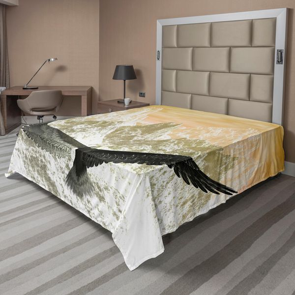 Abakuhaus Lenzuolo Con Uccelli, Aquila Che Vola Verso Le Montagne Al Tramonto, Nuvole, Natura Selvaggia, Stampa Paesaggistica, Lenzuolo Morbido E Confortevole Per Un Letto Decorativo, 1 Pezzo, 266 Cm X 260 Cm, Arancione Oliva-image