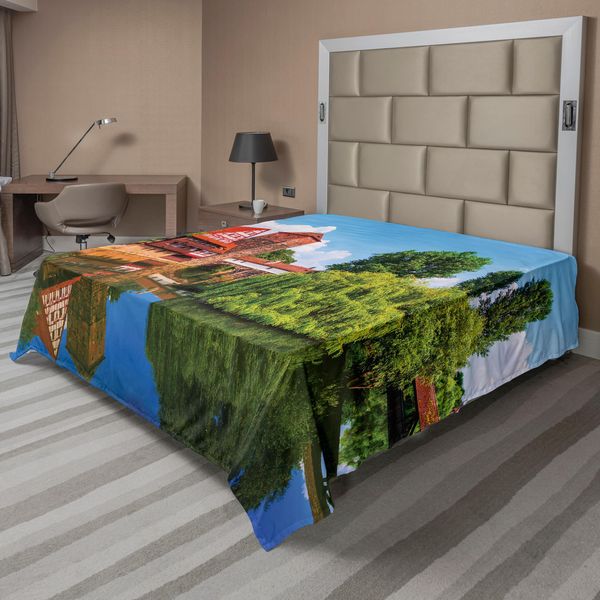 Abakuhaus Lenzuolo Da Letto Paesaggistico, Scena Estiva Tedesca Tradizionale Ponte Medievale A Traliccio, Lenzuolo Morbido E Confortevole Per Un Letto Decorativo 1 Pezzo 266 Cm X 260 Cm, Arancione Verde Blu-image