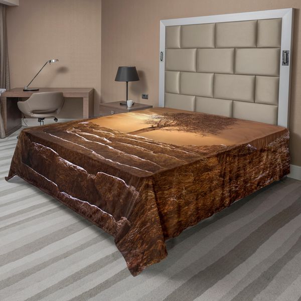 Abakuhaus Lenzuolo Con Albero, Un Albero All'ingresso Con Scalinata In Pietra, Raggi Di Sole, Cielo Nuvoloso, Panorama Invernale, Lenzuolo Morbido E Confortevole Per Un Letto Decorativo, 1 Pezzo, 260 Cm X 228 Cm, Marrone-image