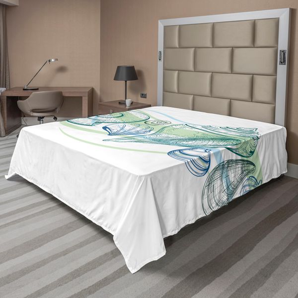 Abakuhaus Lenzuolo Con Conchiglie, Grafica Pastello Con Conchiglie E Altri Elementi Marini, Lenzuolo Morbido E Confortevole Per Un Letto Decorativo 1 Pezzo 266 Cm X 260 Cm, Bianco Verde-image