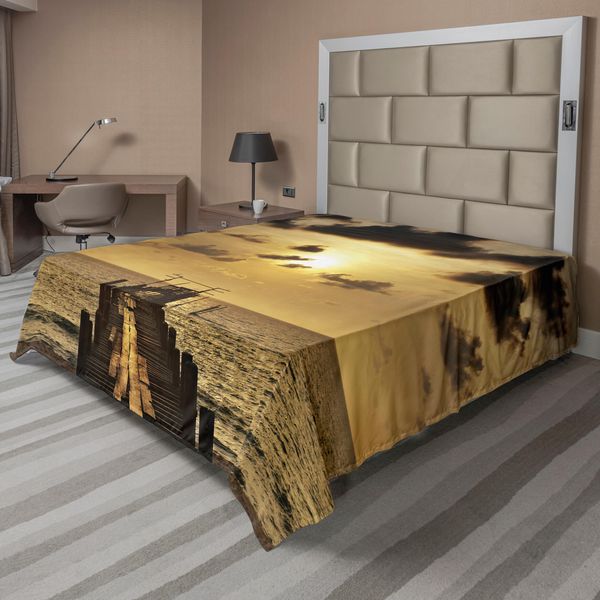 Abakuhaus Lenzuolo Paesaggio, Piattaforma Antica Stagno Sul Lago Orizzonte Tramonto Tempo Scena Tranquilla, Lenzuolo Morbido E Confortevole Per Un Letto Decorativo 1 Pezzo 266 Cm X 260 Cm, Giallo Grigio-image