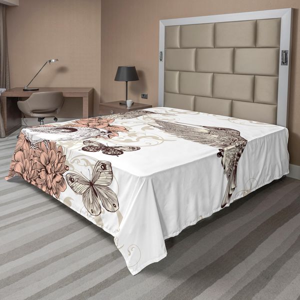 Abakuhaus Lenzuolo Kolibri, Grafica Vintage Con Uccelli E Farfalle Su Sfondo Floreale Ornamentale, Lenzuolo Morbido E Confortevole Per Un Letto Decorativo 1 Pezzo 260 Cm X 228 Cm, Marrone Chiaro-image