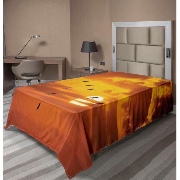 Abakuhaus Lenzuolo Con Uccelli, Formazioni A Forma Di V Che Volano In Un Paesaggio Nuvoloso Con Tramonto Stampa Cloudscape, Lenzuolo Morbido E Confortevole Per Un Letto Decorativo 1 Pezzo 260 Cm X 168 Cm, Arancione-image