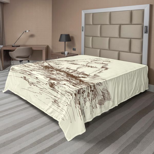 Abakuhaus Lenzuolo Nautico, Barca A Vela Disegnata A Mano, Immagine Storica Di Viaggio Con Onde Oceaniche, Lenzuolo Morbido E Confortevole Per Un Letto Decorativo 1 Pezzo 244 Cm X 205 Cm, Marrone Avorio-image