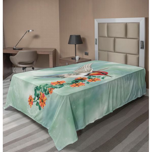Abakuhaus Lenzuolo Con Colibrì, Un Colibrì Vola Con Un Ramo Fiorito Illustrazione Floreale Naturale, Lenzuolo Morbido E Confortevole Per Un Letto Decorativo 1 Pezzo 190 Cm X 100 Cm, Arancione Verde-image