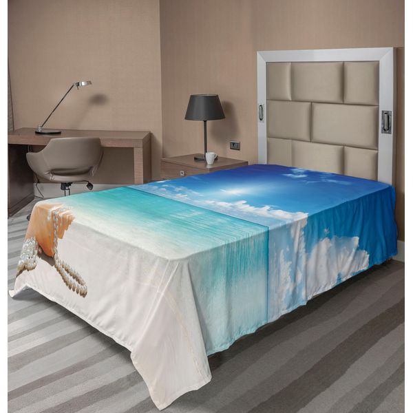 Abakuhaus Lenzuolo Con Conchiglie, Conchiglie E Perle Sulla Sabbia Spiaggia Tropicale Nuvole Vista Sulla Costa Motivo Digitale, Lenzuolo Morbido E Confortevole Per Un Letto Decorativo 1 Pezzo 190 Cm X 100 Cm, Turchese Crema-image