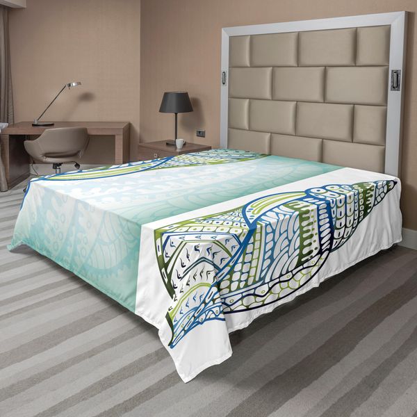 Abakuhaus Lenzuolo Con Conchiglie, Grafica Astratta Con Conchiglie, Elaborata Stampa Rosso Corallo Su Sfondo Blu Navy, Morbido E Confortevole Lenzuolo Superiore Per Un Letto Decorativo, 1 Pezzo, 266 Cm X 260 Cm, Verde, Bianco, Blu-image