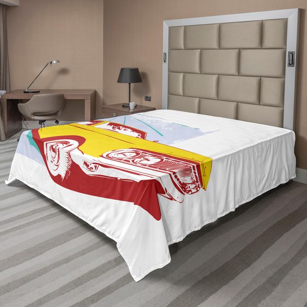 Abakuhaus Lenzuolo Vintage, Grafica Con Auto D'epoca Vintage Personalizzata Da Collezione Su Sfondo Urbano Grunge, Lenzuolo Morbido E Confortevole Per Un Letto Decorativo 1 Pezzo 260 Cm X 228 Cm, Turchese Giallo-image