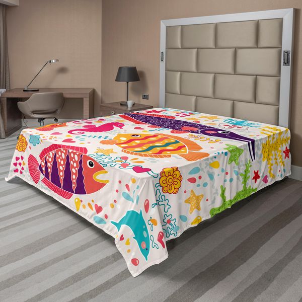 Abakuhaus Lenzuolo Con Animali Marini, Cartoni Animati Con Pesci, Cavallucci Marini, Stelle Marine, Delfini, Coralli, Vita Sottomarina, Bambini, Lenzuolo Morbido E Confortevole Per Un Letto Decorativo, 1 Pezzo, 244 Cm X 205 Cm, Multicolore-image