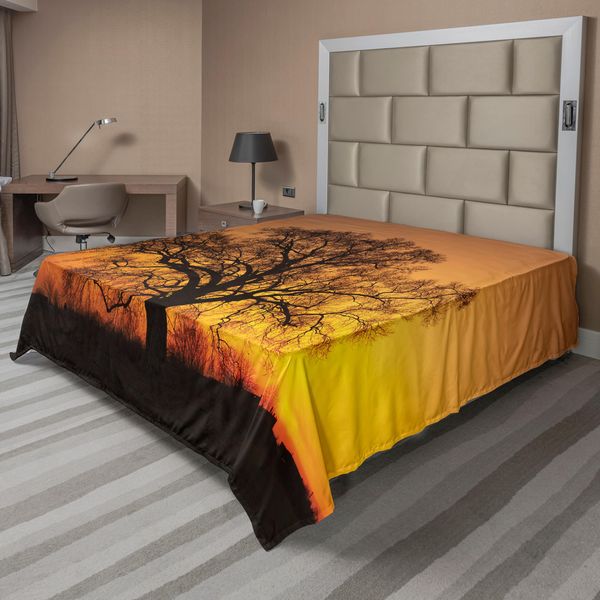 Abakuhaus Lenzuolo Da Letto, Quercia Al Tramonto, Orizzonte, Ombre, Raggi Di Sole, Paesaggio Naturale, Foto, Lenzuolo Morbido E Confortevole Per Un Letto Decorativo, 1 Pezzo, 244 Cm X 205 Cm, Arancione Marrone-image