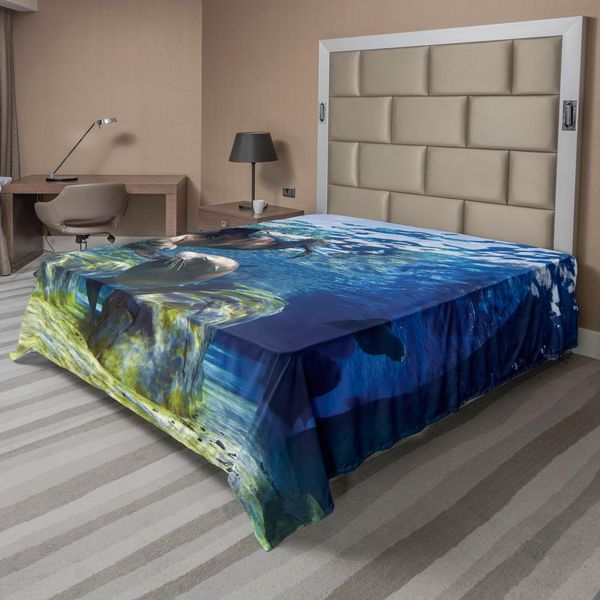 Abakuhaus Lenzuolo Con Animali Marini, Giocosi Leoni Marini Della California In Acque Cristalline, Tema Mondo Sottomarino Rocce, Lenzuolo Morbido E Confortevole Per Un Letto Decorativo 1 Pezzo 266 Cm X 260 Cm, Blu Navy-image