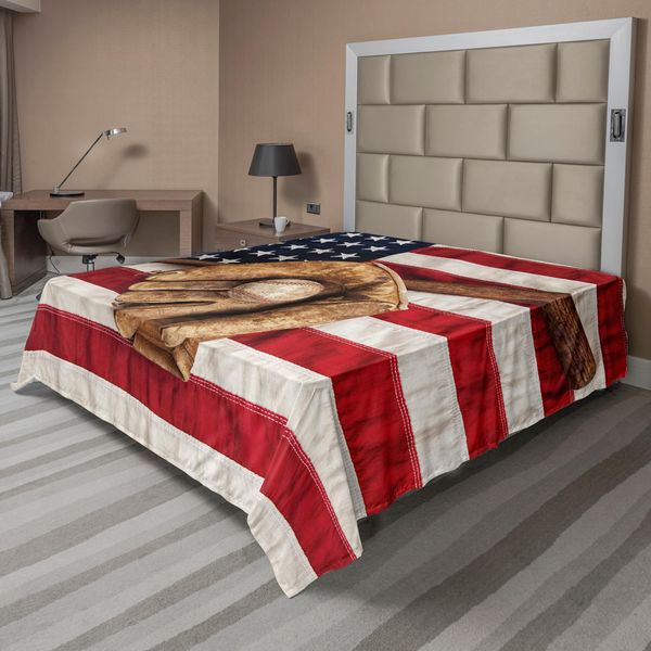 Abakuhaus Lenzuolo Da Baseball, Vintage Baseball League Equipment Usa Grunge Guanto Fielding Tema Sportivo, Morbido E Confortevole Lenzuolo Superiore Per Un Letto Decorativo 1 Pezzo 244 Cm X 205 Cm, Marrone Blu Rosso-image
