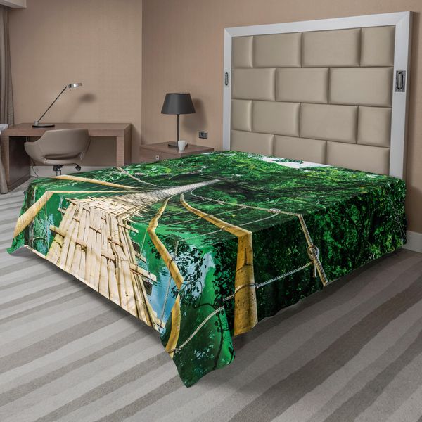 Abakuhaus Lenzuolo Tropicale, Ponte Sospeso Pedonale In Bambù Sul Fiume Nella Foresta Tropicale Delle Filippine, Lenzuolo Morbido E Confortevole Per Un Letto Decorativo 1 Pezzo 260 Cm X 228 Cm, Beige Verde-image