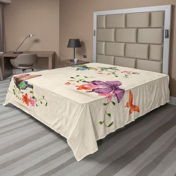 Abakuhaus Lenzuolo A Farfalla, Effetto Acquerello, Ali, Metamorfosi, Foglie, Fiori, Natura, Lenzuolo Morbido E Confortevole Per Un Letto Decorativo, 1 Pezzo, 266 Cm X 260 Cm, Multicolore-image