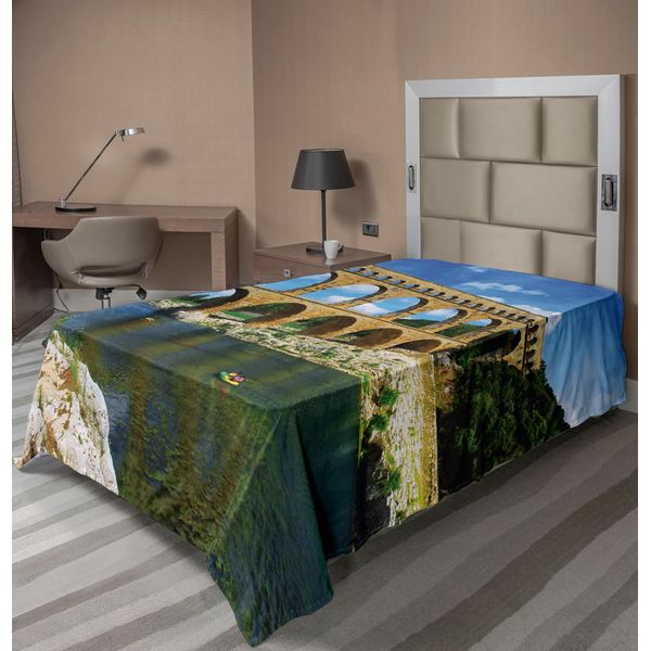 Abakuhaus Lenzuolo Paesaggistico, Muro Romano Del Sud Della Francia, Architettura Storica, Lago, Lenzuolo Morbido E Confortevole Per Un Letto Decorativo, 1 Pezzo, 260 Cm X 168 Cm, Verde, Blu E Marrone Chiaro.-image