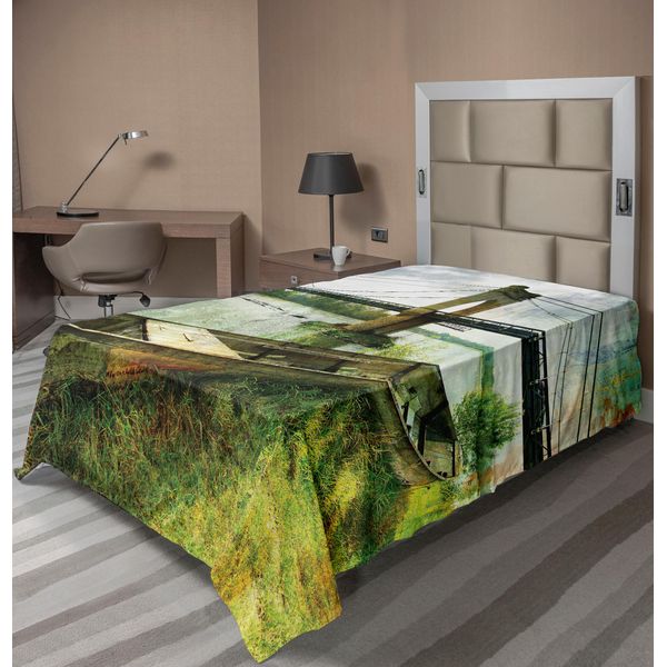 Abakuhaus Lenzuolo Paesaggistico, Ponte, Vecchia Barca Sulla Riva Del Fiume, Colori Inquietanti, Immagine Nostalgica Della Città, Lenzuolo Morbido E Confortevole Per Un Letto Decorativo, 1 Pezzo, 190 Cm X 100 Cm, Verde Grigio-image