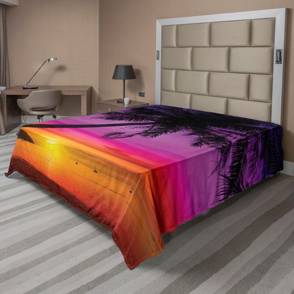 Abakuhaus Lenzuolo Tropicale, Silhouette Di Palme Sulla Spiaggia Al Tramonto, Destinazione Estiva, Lenzuolo Morbido E Confortevole Per Un Letto Decorativo, 1 Pezzo, 244 Cm X 205 Cm, Viola, Arancione, Nero-image
