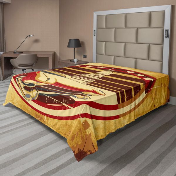 Abakuhaus Lenzuolo Vintage, Auto D'epoca Simbolismo Americano Statua Della Libertà Stampa Su Carta Antica, Lenzuolo Morbido E Confortevole Per Un Letto Decorativo 1 Pezzo 260 Cm X 228 Cm, Giallo Rosso Marrone-image