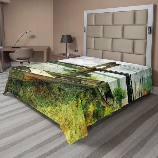 Abakuhaus Lenzuolo Paesaggistico, Ponte, Vecchia Barca Sulla Riva Del Fiume, Colori Inquietanti, Immagine Nostalgica Della Città, Lenzuolo Morbido E Confortevole Per Un Letto Decorativo, 1 Pezzo, 260 Cm X 228 Cm, Verde Grigio-image