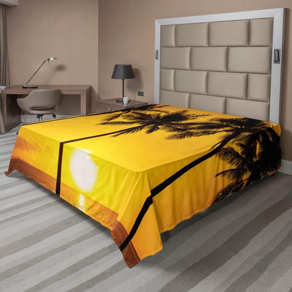 Abakuhaus Lenzuolo Tropicale, Tema Costa Tropicale Dorata Spiaggia Albero Di Cocco Immagine Vacanza Esotica, Lenzuolo Morbido E Confortevole Per Un Letto Decorativo 1 Pezzo 266 Cm X 260 Cm, Arancione Chiaro Marrone-image