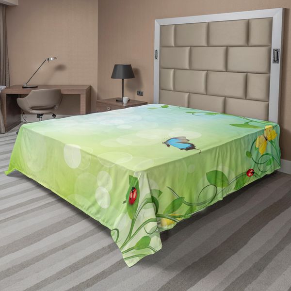Abakuhaus Lenzuolo Con Coccinelle, Tema Primaverile Con Coccinelle E Farfalle, Stampa Trasformativa, Lenzuolo Morbido E Confortevole Per Un Letto Decorativo, 1 Pezzo, 260 Cm X 228 Cm, Verde Pallido-image