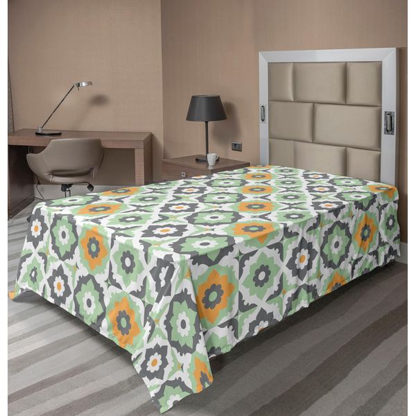 Abakuhaus Lenzuolo Quatrefoil, Motivi Floreali Lotus Figures, Motivo A Piastrelle, Stampa Retrò Di Ispirazione Orientale, Lenzuolo Morbido E Confortevole Per Un Letto Decorativo, 1 Pezzo, 190 Cm X 100 Cm, Verde E Bianco-image