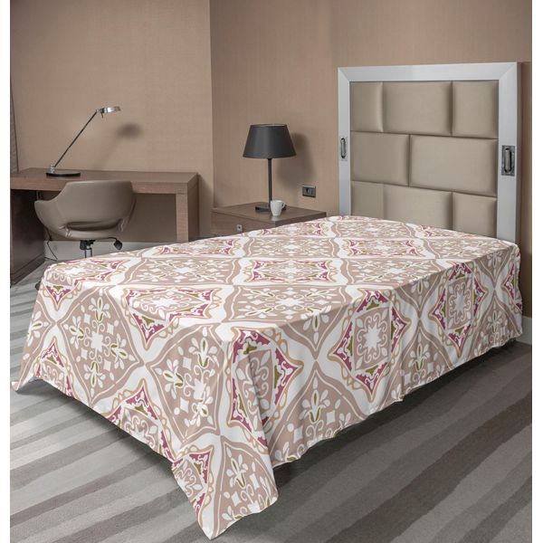 Abakuhaus Lenzuolo Marocchino, Piastrelle Complesse Dai Colori Pastello Con Forme Geometriche Antica Arte Persiana, Lenzuolo Morbido E Confortevole Per Un Letto Decorativo 1 Pezzo 190 Cm X 100 Cm, Beige Bianco Rosa-image