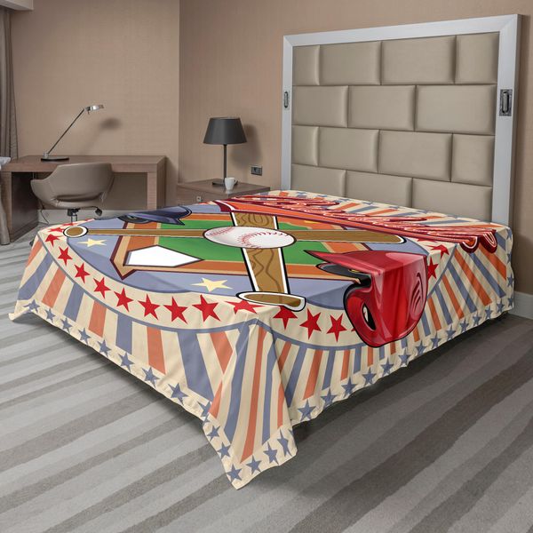 Abakuhaus Lenzuolo Da Baseball, Logo Baseball Retrò Pop Art Con Stampa A Strisce, Mazza E Palla Da Baseball, Lenzuolo Morbido E Confortevole Per Un Letto Decorativo, 1 Pezzo, 266 Cm X 260 Cm, Multicolore-image