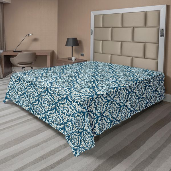 Abakuhaus Lenzuolo In Damasco, Motivo Ornamentale In Damasco Stile Vittoriano Barocco Motivi Biologici Stencil Artistico, Lenzuolo Morbido E Confortevole Per Un Letto Decorativo 1 Pezzo 244 Cm X 205 Cm, Blu Bianco-image
