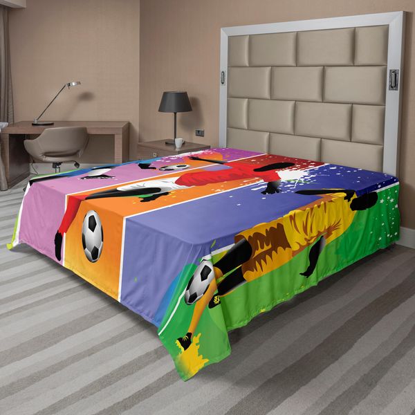 Abakuhaus Lenzuolo Da Letto Con Motivo Calcistico, Elementi Di Design Calcistico Con Quattro Giocatori In Diverse Posizioni Sul Campo League Men Modern, Morbido E Confortevole Lenzuolo Superiore Per Un Letto Decorativo 1 Pezzo 260 Cm X 228 Cm, Multicolore-image