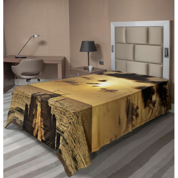 Abakuhaus Lenzuolo Paesaggistico, Piattaforma Antica, Stagno Sul Lago, Tramonto All'orizzonte, Scena Tranquilla, Lenzuolo Morbido E Confortevole Per Un Letto Decorativo, 1 Pezzo, 260 Cm X 168 Cm, Giallo Grigio-image