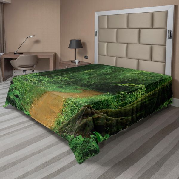 Abakuhaus Lenzuolo Tropicale, Giungla Tropicale, Sentiero Tra Gli Alberi, Fogliame, Natura Selvaggia, Paesaggio Naturale, Morbido E Confortevole Lenzuolo Superiore Per Un Letto Decorativo, 1 Pezzo, 244 Cm X 205 Cm, Verde Marrone-image