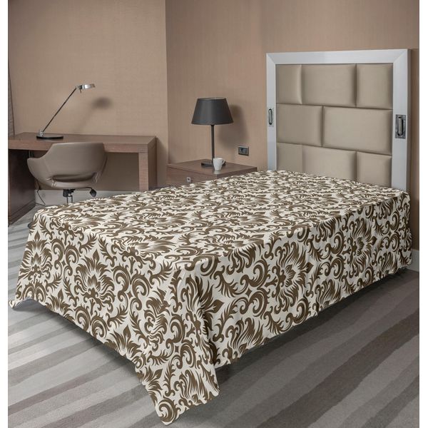 Abakuhaus Lenzuolo In Damasco, Damasco Floreale, Motivo A Volute In Stile Antico, Morbido E Confortevole Lenzuolo Superiore Per Un Letto Decorativo 1 Pezzo 260 Cm X 168 Cm, Verde Militare Crema-image