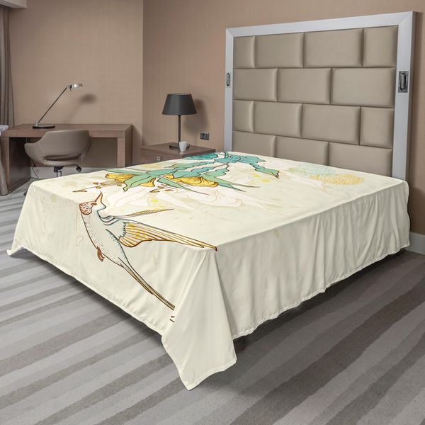 Abakuhaus Lenzuolo Colibrì, Colibrì E Fiori Tropici Estate Stile Esotico Pianta Esotica Natura, Morbido E Confortevole Lenzuolo Superiore Per Un Letto Decorativo 1 Pezzo 260 Cm X 228 Cm, Verde Acqua Giallo-image