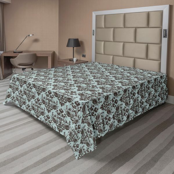 Abakuhaus Lenzuolo In Damasco, Motivo Sagomato Foglie Modulari Occidentali Rayon, Linee Con Fiori Ricurvi, Morbido E Confortevole Lenzuolo Superiore Per Un Letto Decorativo 1 Pezzo 275 Cm X 260 Cm, Marrone Verde Acqua-image