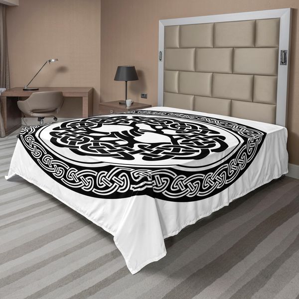 Abakuhaus Lenzuolo Celtico, Albero Della Vita Circolare Nodo Eroico Motivi Naturali Illustrazione, Morbido E Confortevole Lenzuolo Superiore Per Un Letto Decorativo 1 Pezzo 260 Cm X 228 Cm, Bianco E Nero-image