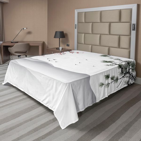 Abakuhaus Lenzuolo Con Fiori, Grafica In Stile Pittura Cinese Con Alberi, Uccelli E Paesaggio Montano, Lenzuolo Morbido E Confortevole Per Un Letto Decorativo, 1 Pezzo, 244 Cm X 205 Cm, Rosso, Verde, Nero-image