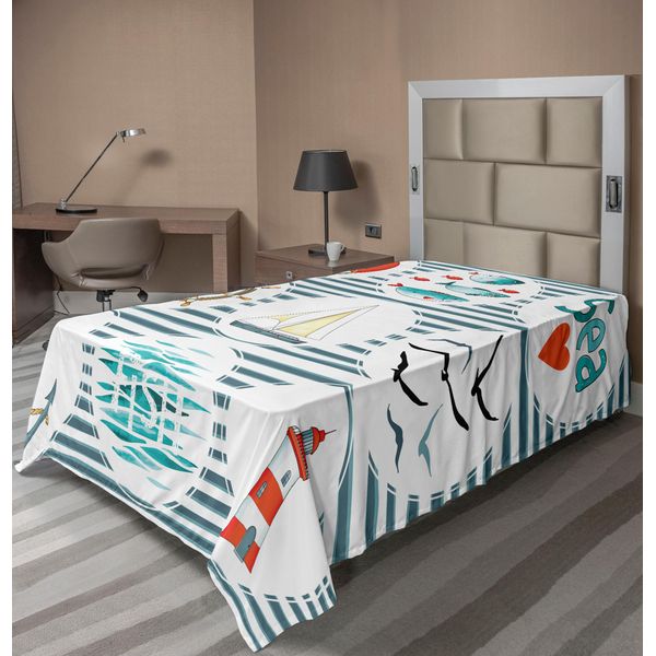 Abakuhaus Lenzuolo Nautico, Set Sea Con Pesci, Salvagente, Gabbiani, Faro, Tema Marittimo Ispirato Alla Marina, Lenzuolo Morbido E Confortevole Per Un Letto Decorativo, 1 Pezzo 190 Cm X 100 Cm, Bianco, Rosso, Blu-image