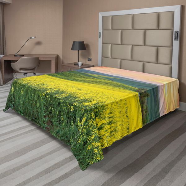 Abakuhaus Lenzuolo Giallo, Paesaggio Primaverile Wildflower Fields Sunrise Cielo Colorato E Colline Della Valle Immagine, Lenzuolo Morbido E Confortevole Per Un Letto Decorativo 1 Pezzo 275 Cm X 260 Cm, Giallo Verde-image