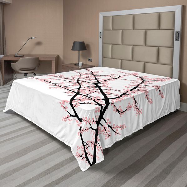 Abakuhaus Lenzuolo Con Fiori, Ciliegio Rosa Illustrazioni Floreali Cultura Asiatica A Tema, Lenzuolo Morbido E Confortevole Per Un Letto Decorativo 1 Pezzo 260 Cm X 228 Cm, Rosa Nero-image
