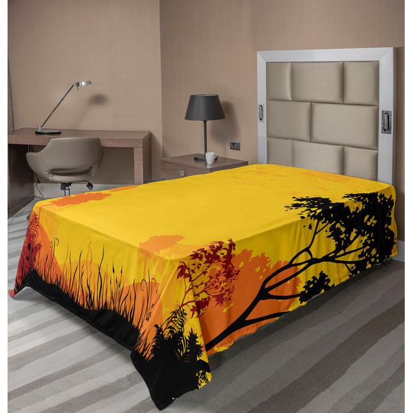 Abakuhaus Lenzuolo Wald, Woodland Al Tramonto Silhouette Colline Boschi Alberi Erba Paesaggio Natura Arte, Morbido E Confortevole Lenzuolo Superiore Per Un Letto Decorativo 1 Pezzo 260 Cm X 168 Cm, Giallo Nero-image